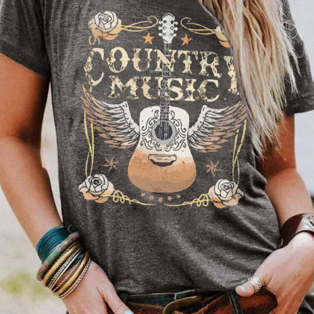B037 Gray “Country Music” Guitar Graphic Print Creo Neck T Shirt - Picture 3 of 3
